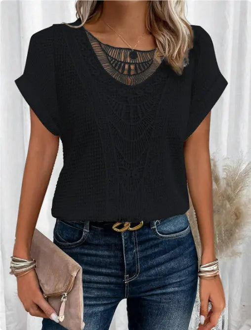Summer Hollow Out Short-sleeved T-shirt Fashion Ethnic Style Tops Women's Clothing Nipaaj