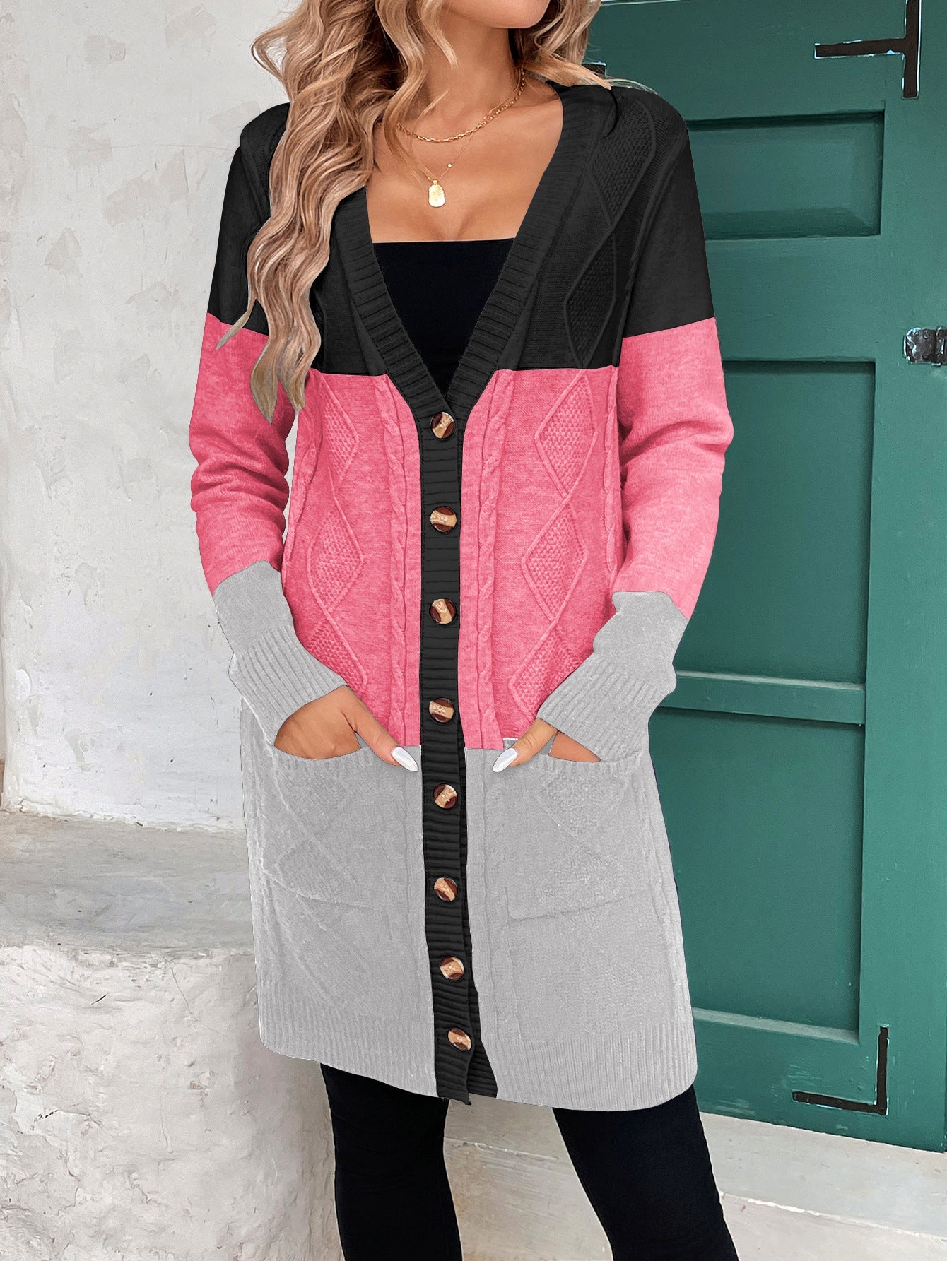 Thread Contrast Color Mid-length Simple Style V-neck Coat null