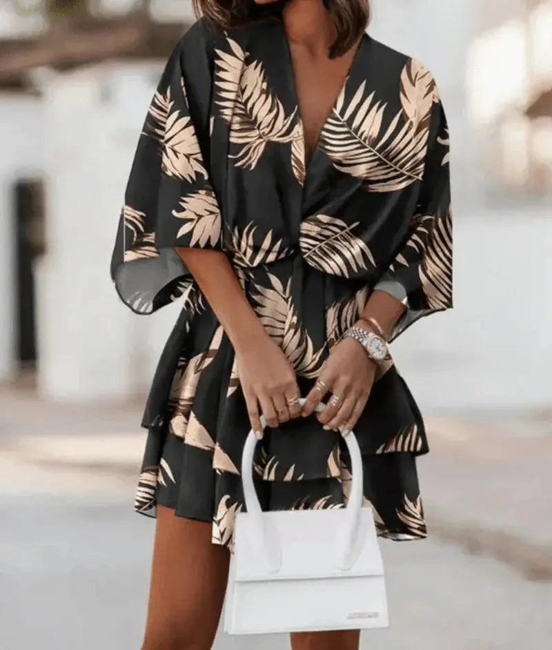 Fashion Print V-Neck Doll Sleeve Loose Cake Dress null