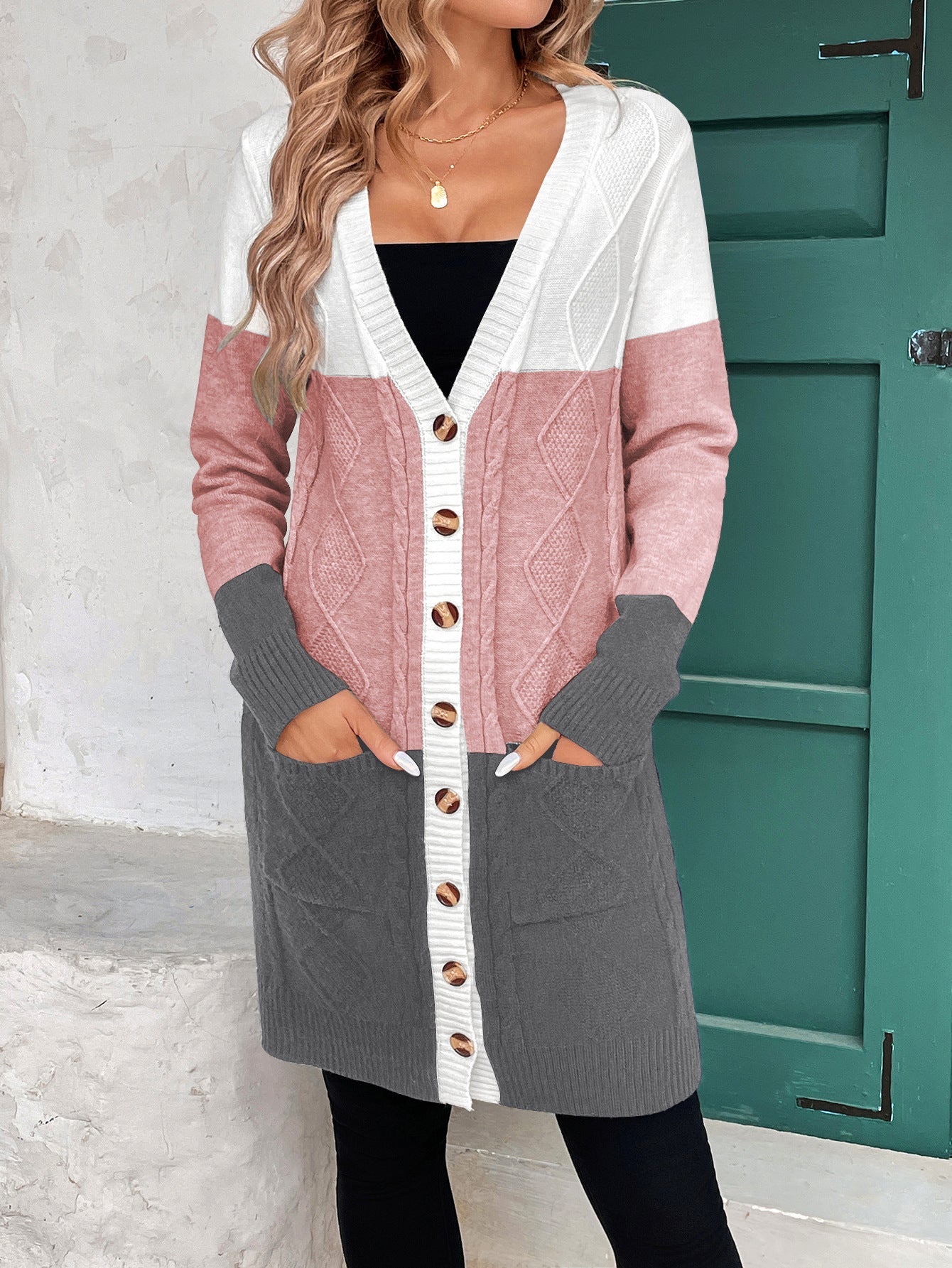 Thread Contrast Color Mid-length Simple Style V-neck Coat null