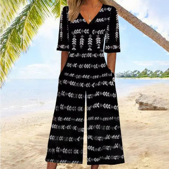 Spring And Summer Print Women's Pocket Collar Jumpsuit Nipaaj