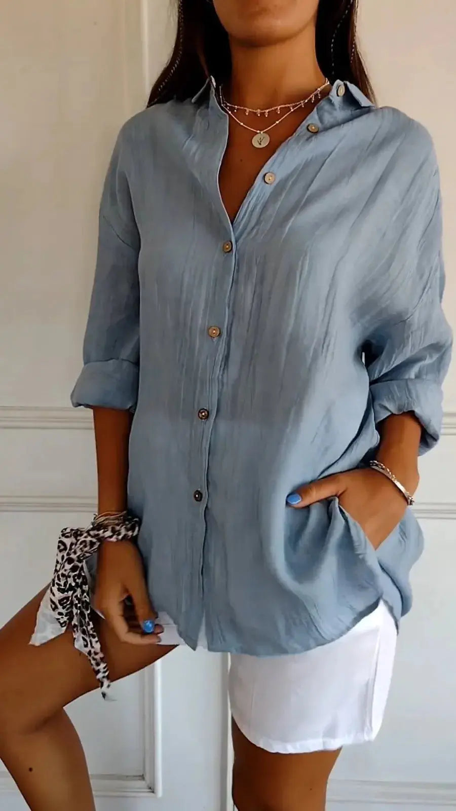 Lapel Long Sleeve Shirt Women's Single-breasted Pleated Shirt null