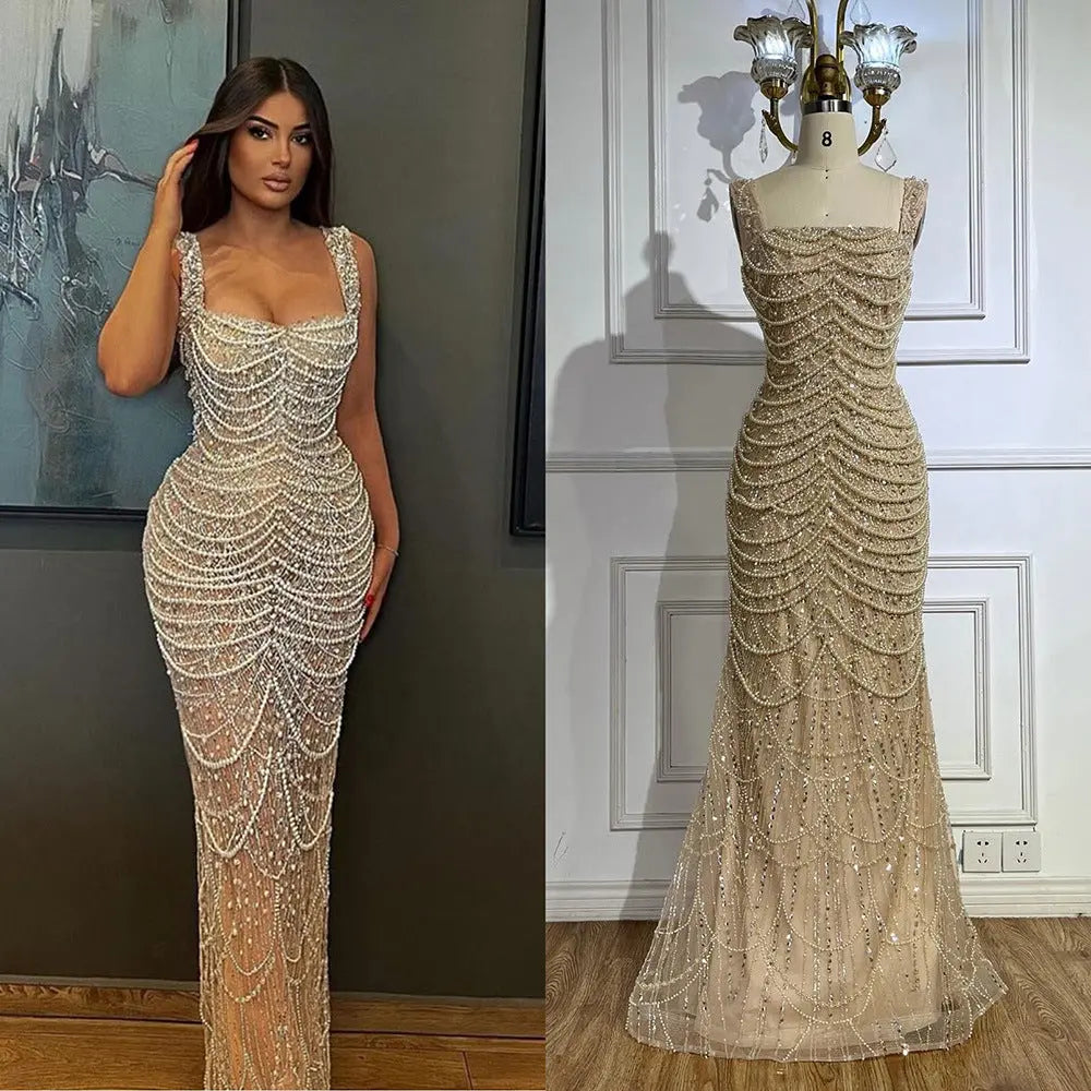 Nude Elegant Sling Light Luxury High-end Pearl Beaded Dress Nipaaj