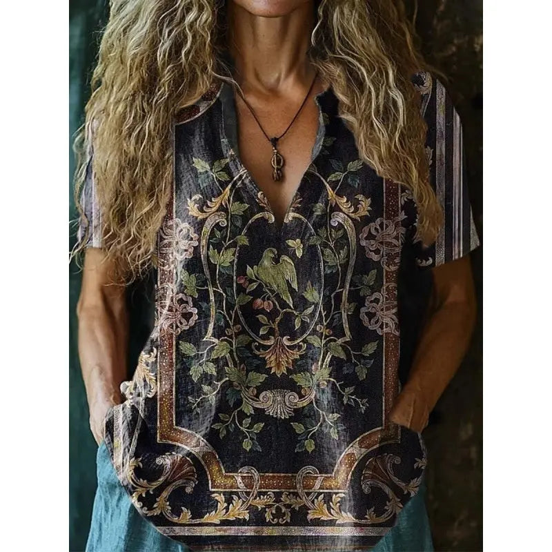 3D Printed Women's Spring And Summer Loose V-neck Short Sleeve Top null