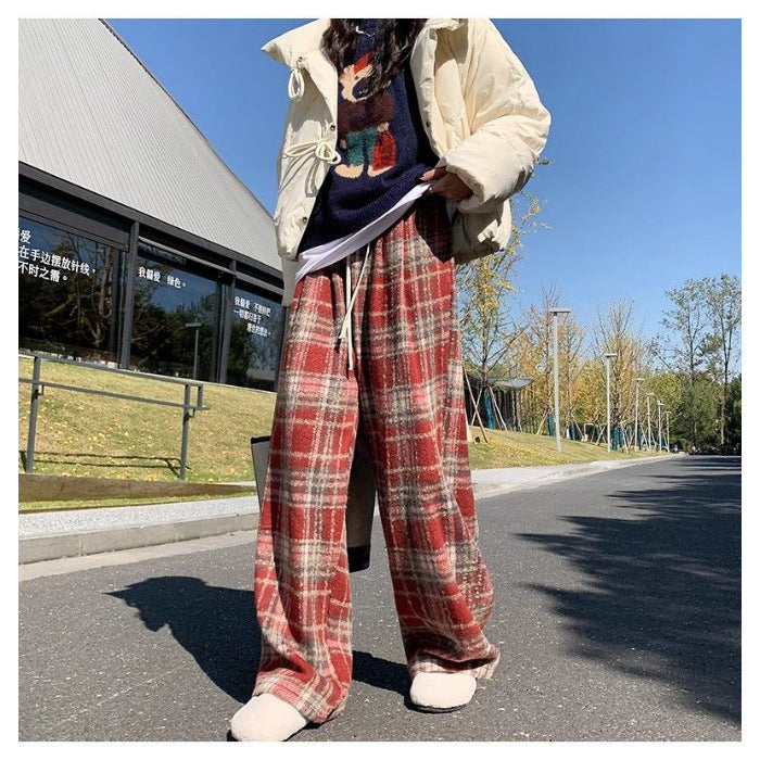 Women's Fleece-lined Casual Woolen Plaid Pants