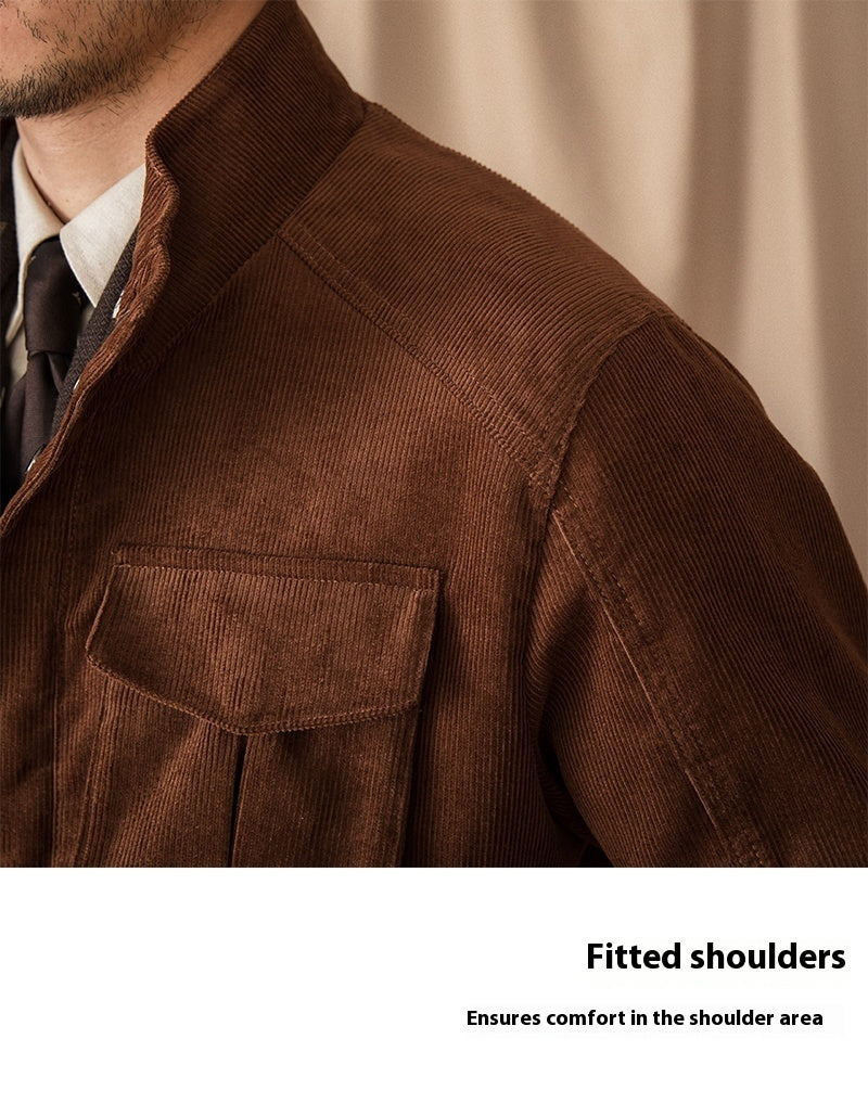 Autumn And Winter Corduroy Safari Jacket Jacket Windproof Stand Collar Casual