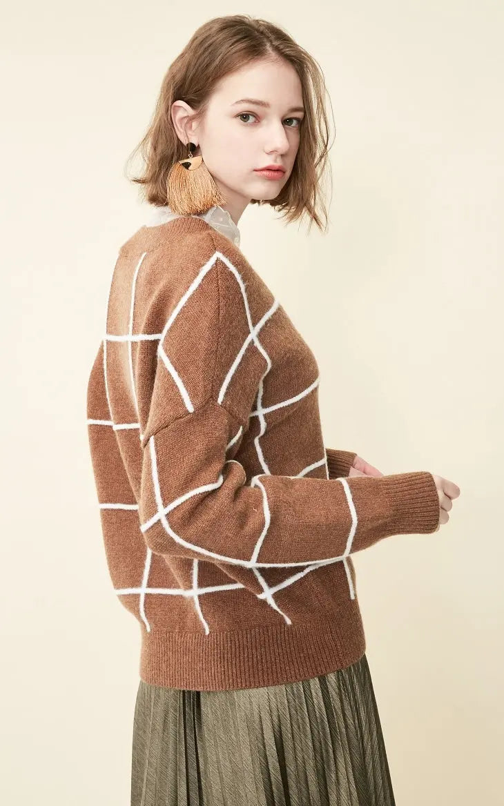 Spring new pattern check V-neck short sweater women Nipaaj