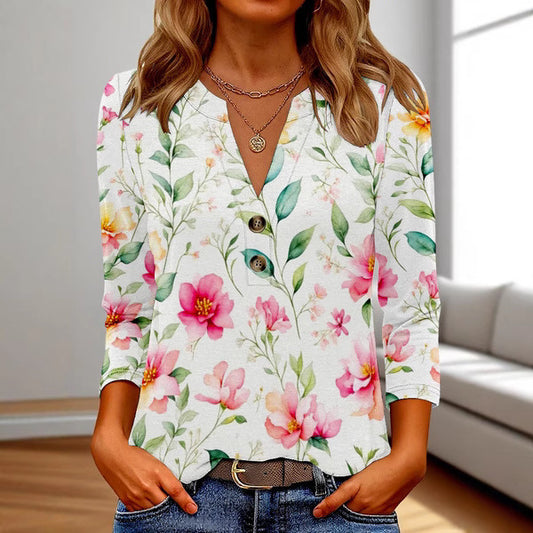 Women's 3D Printed Fashion Casual V-neck Long-sleeved T-shirt Top