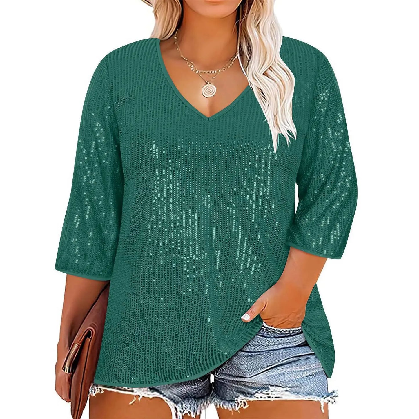 European And American Autumn And Winter Loose Top Retro Sequin Casual V-neck Sequined T-shirt For Women null