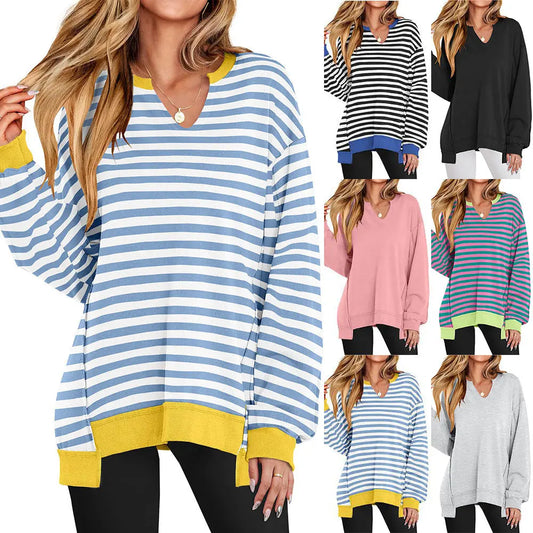 Colorful Striped V-neck Loose Sweatshirt Nipaaj