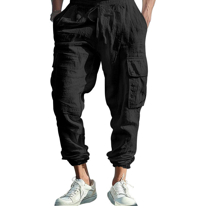 Men's Casual Trousers Ankle-tied Multi-pocket Tether Solid Color Loose