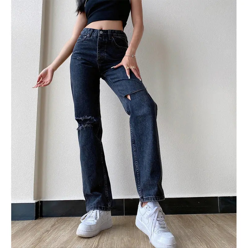 High Waist And Thin Straight Tube Slim Hole Jeans Women's Trousers Nipaaj