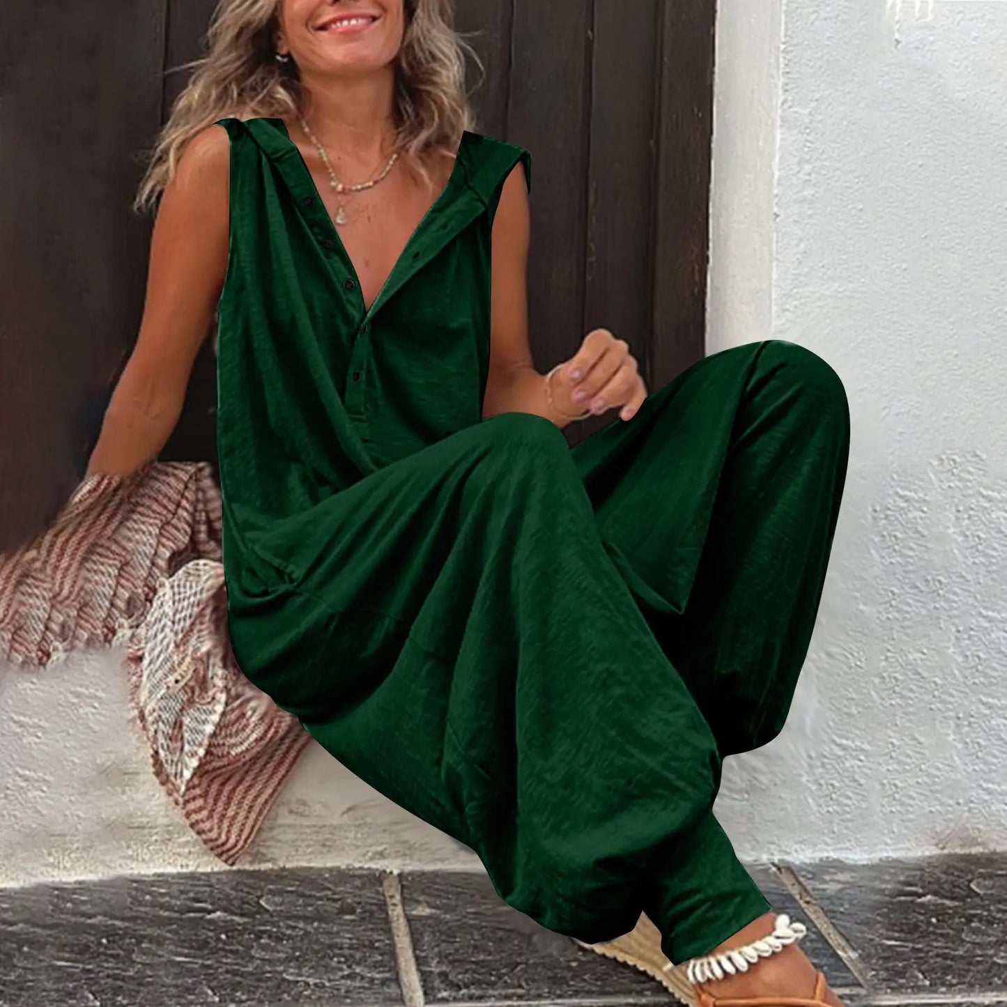 Hot Selling Button Up Hooded Sleeveless Pants In Stock, Jumpsuit With Pockets null