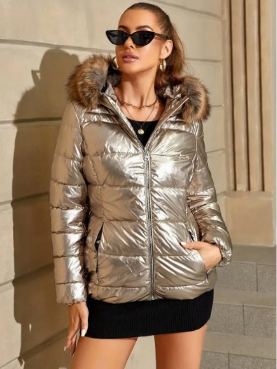 Women's Winter Ultralight Padded Jacket With Hooded Fur Collar Detachable Concealed Zipper Pocket Quilted Padded Jacket null
