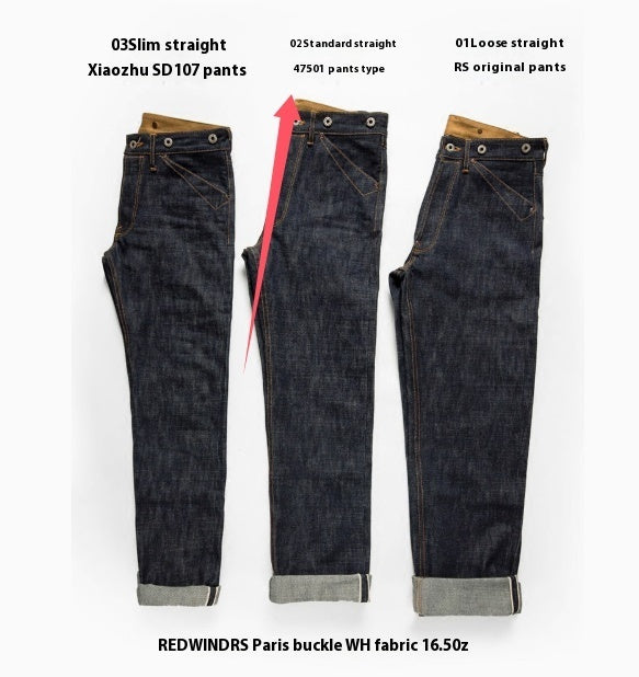 Men's Straight-leg Mid-high Waist Raw Denim Selvedge Jeans
