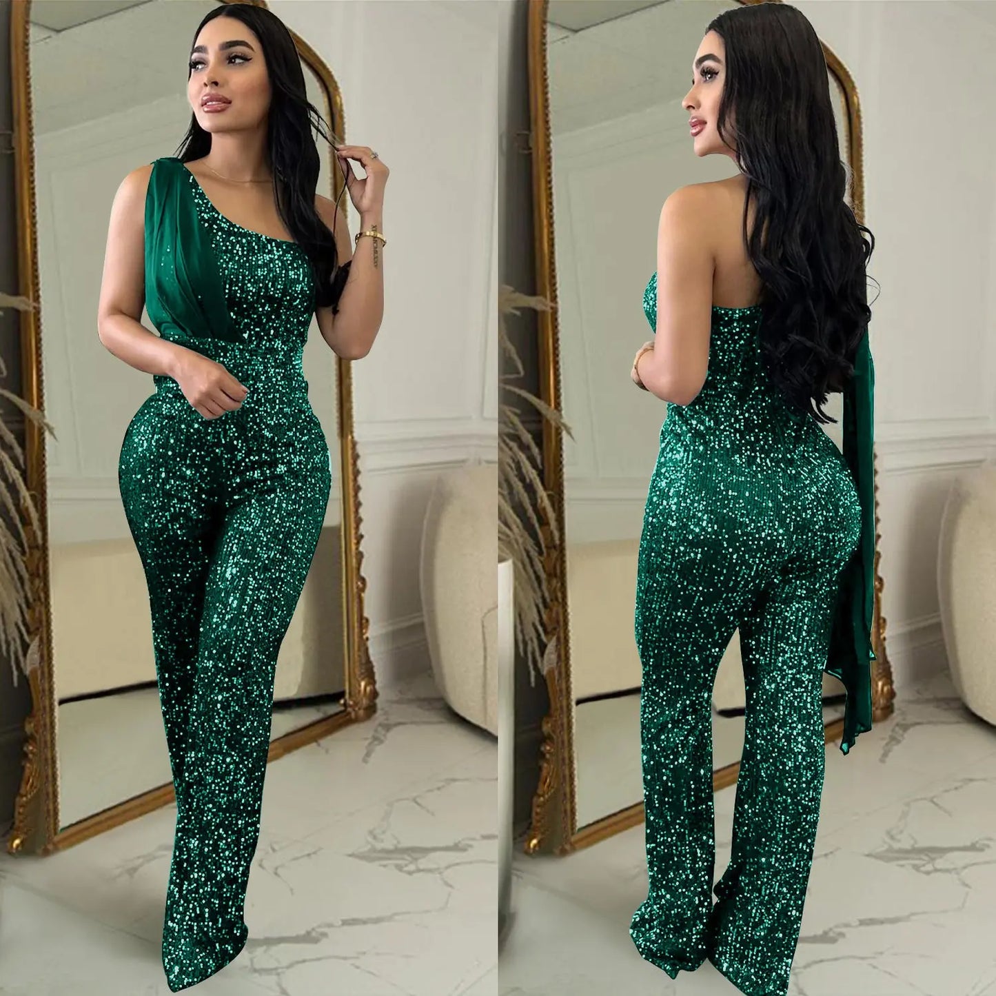 Women's Solid Color Sleeveless One-shoulder Sequined Trousers Jumpsuit null
