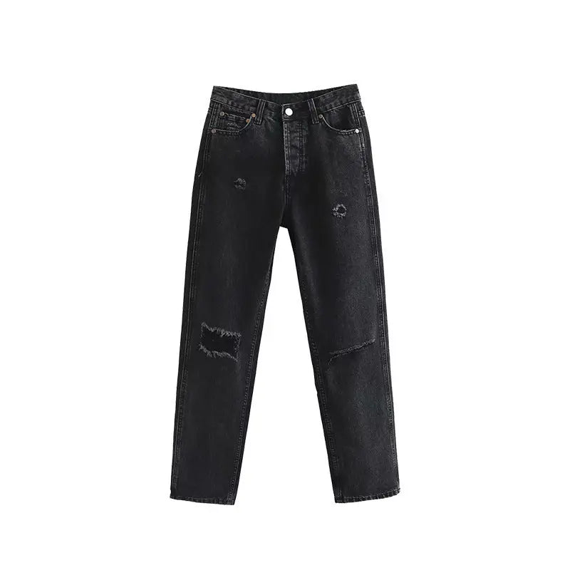 High Waist And Thin Straight Tube Slim Hole Jeans Women's Trousers Nipaaj