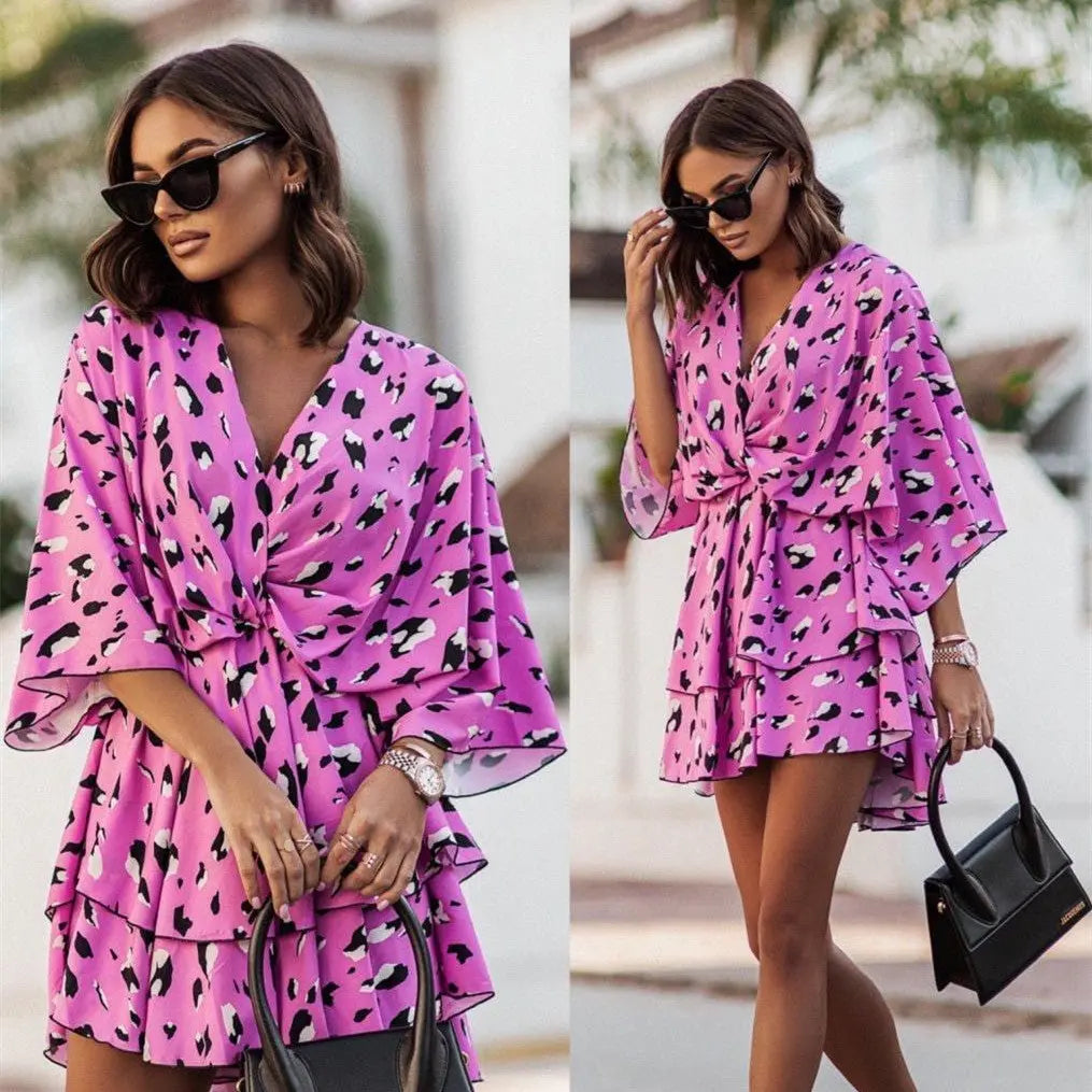 Fashion Print V-Neck Doll Sleeve Loose Cake Dress null