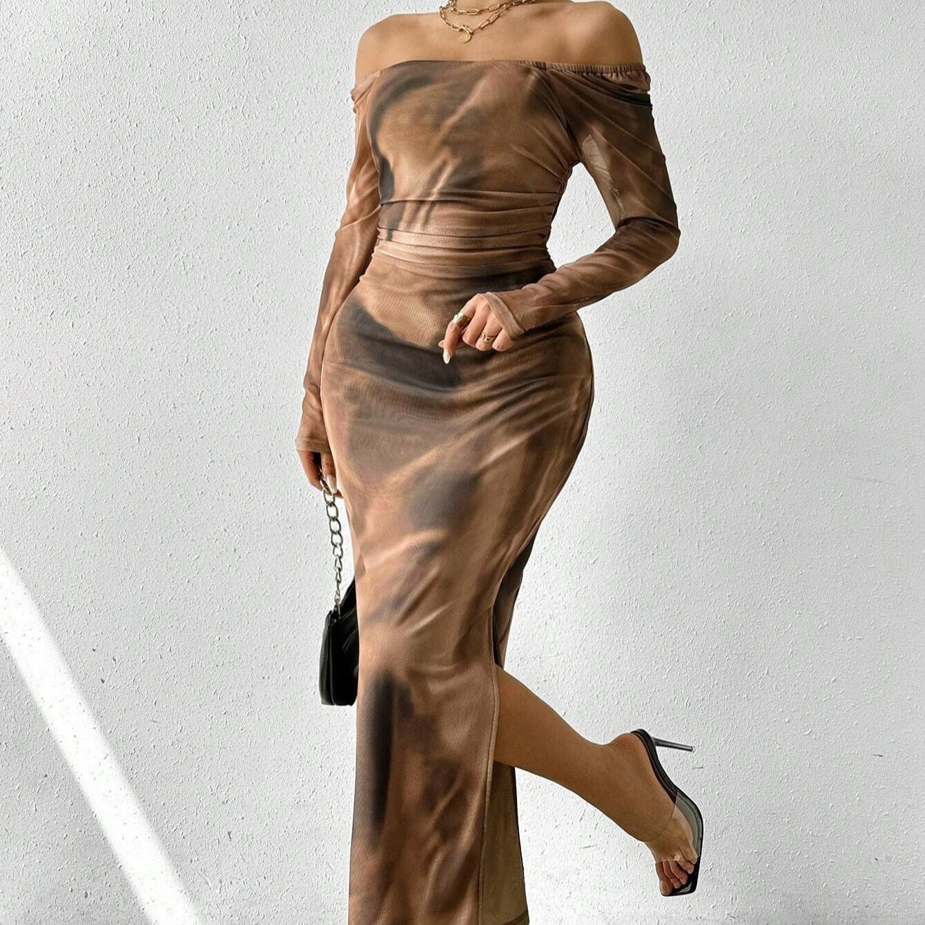 Printed Pleated Sexy Tight Split Square Collar Dress