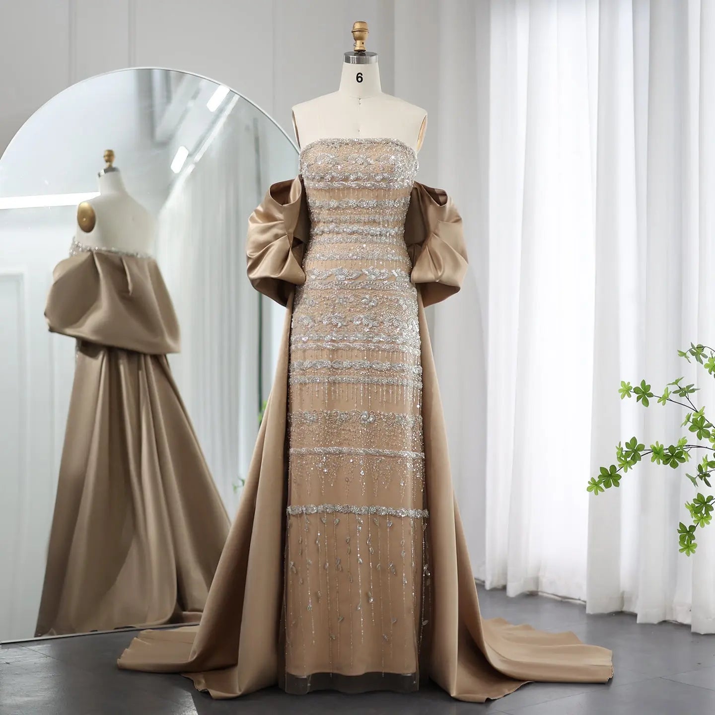 Foreign Trade Tube Top Heavy Industry Beads Off-shoulder Satin Trailing Evening Dress Nipaaj