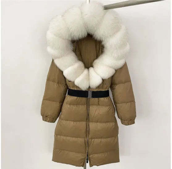 Women's Long Cinched Hoodie Real Fox Fur Collar Coat null