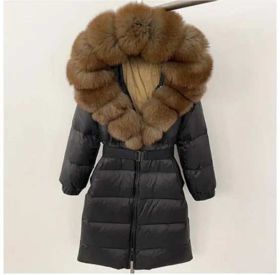 Women's Long Cinched Hoodie Real Fox Fur Collar Coat null