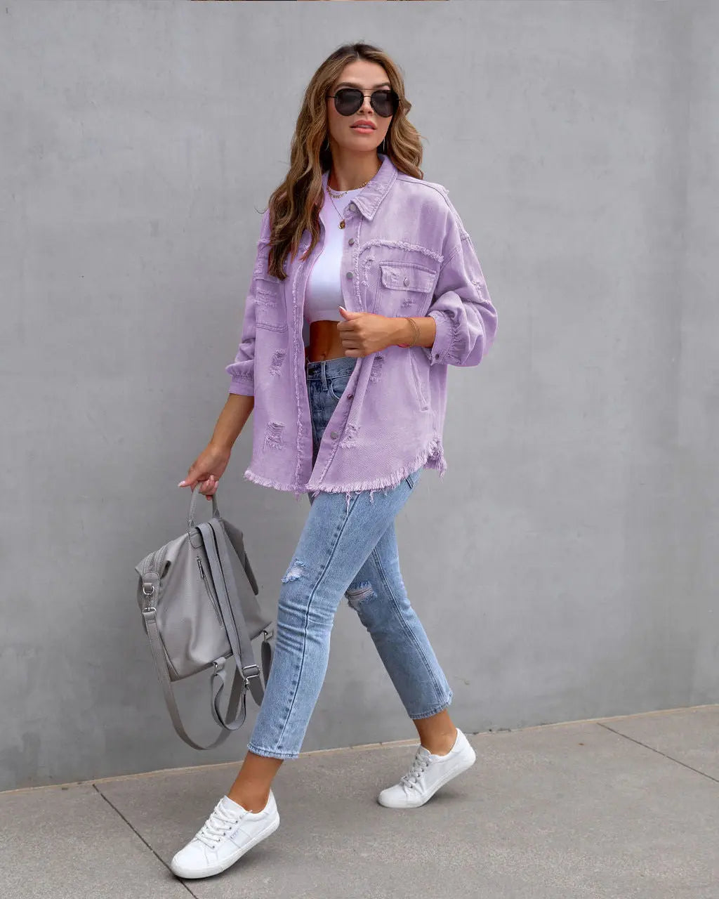Fashion Ripped Shirt Jacket Female Autumn And Spring Casual Tops Womens Clothing null