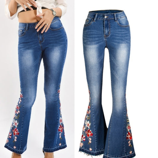 3D Machine Embroidery Denim Women's Autumn Denim Wide Leg Trousers