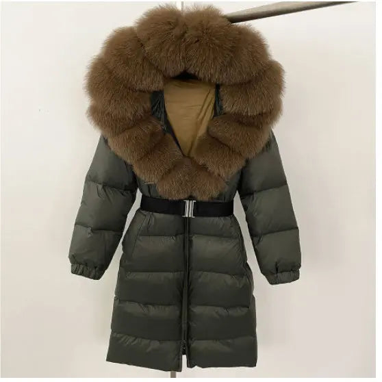Women's Long Cinched Hoodie Real Fox Fur Collar Coat null