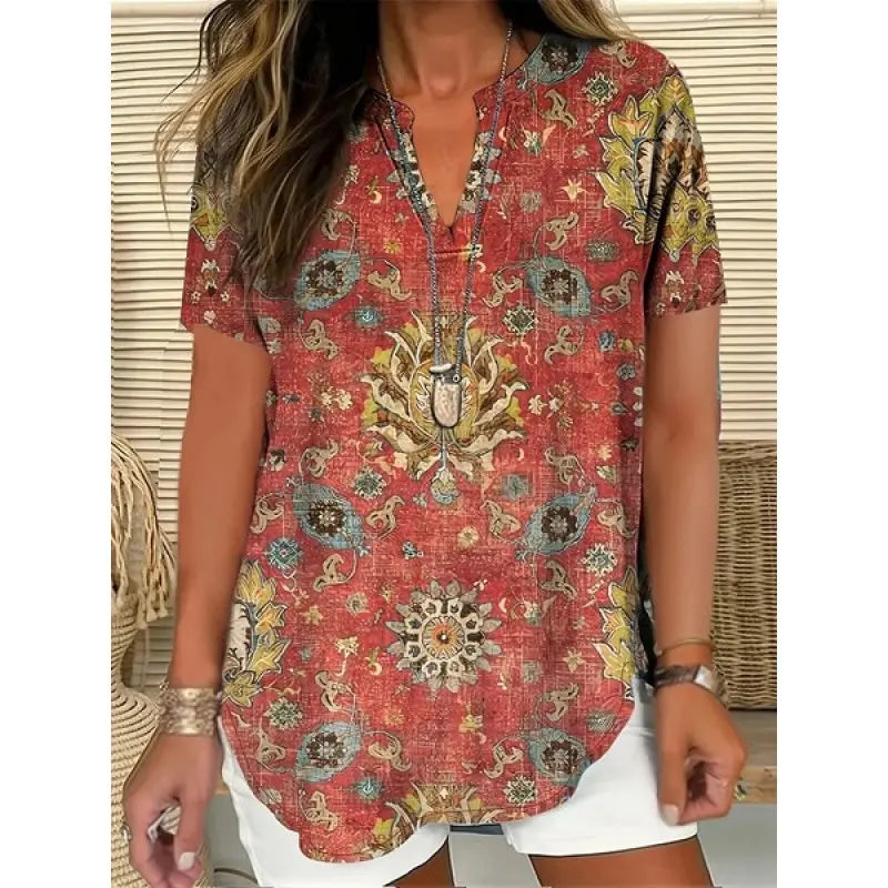 3D Printed Women's Spring And Summer Loose V-neck Short Sleeve Top null