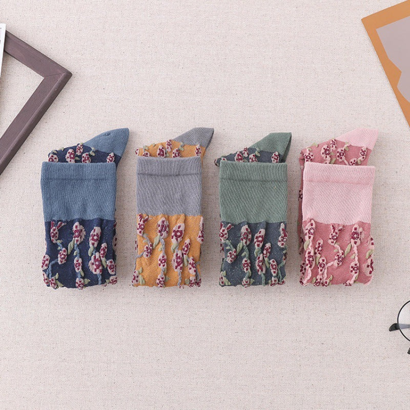 Female Pure Cotton Net Red Socks Plant Flowers