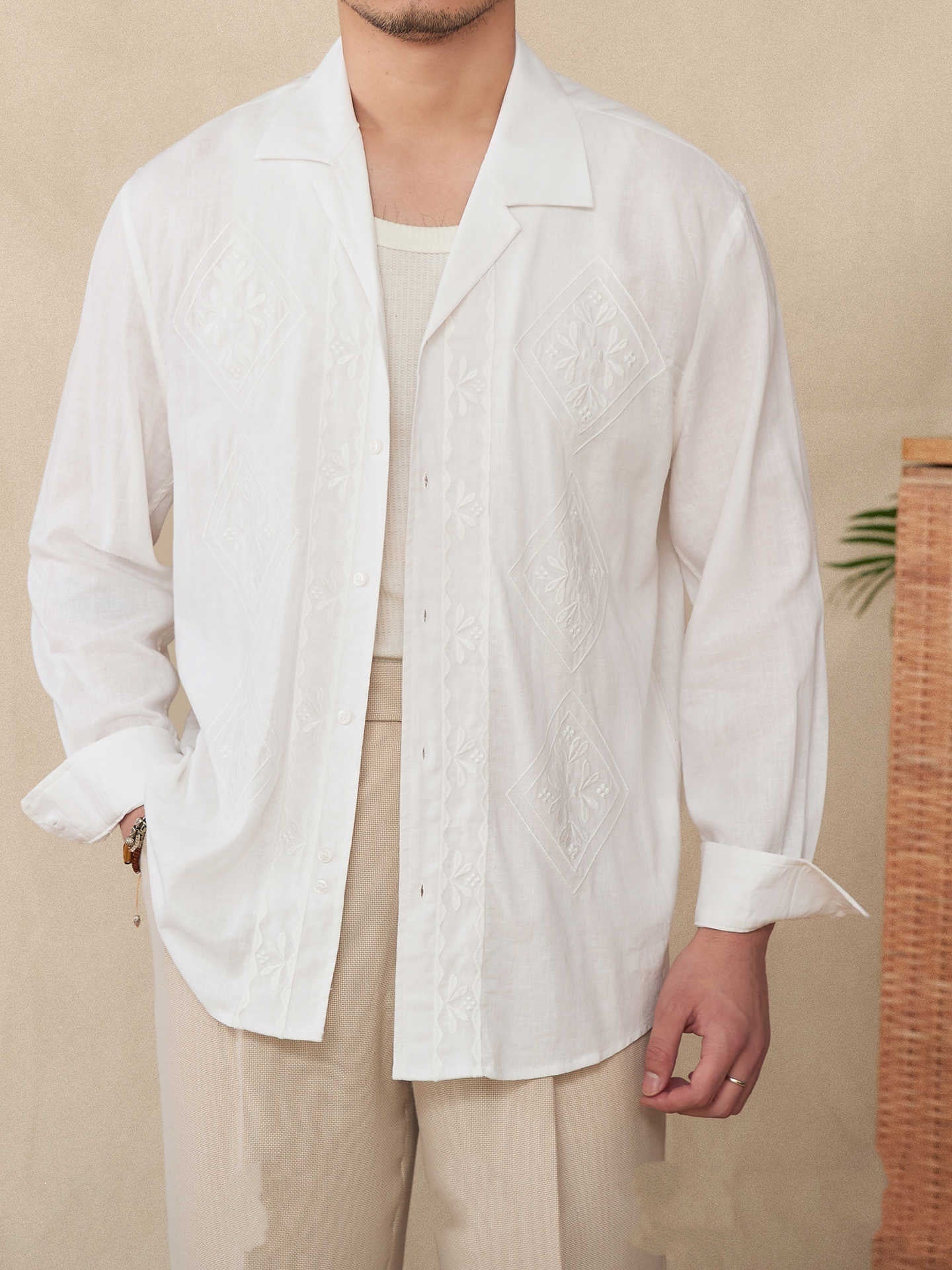 Cotton And Linen Thin Embroidery Cuban Collar Long Sleeve Sunscreen Shirt