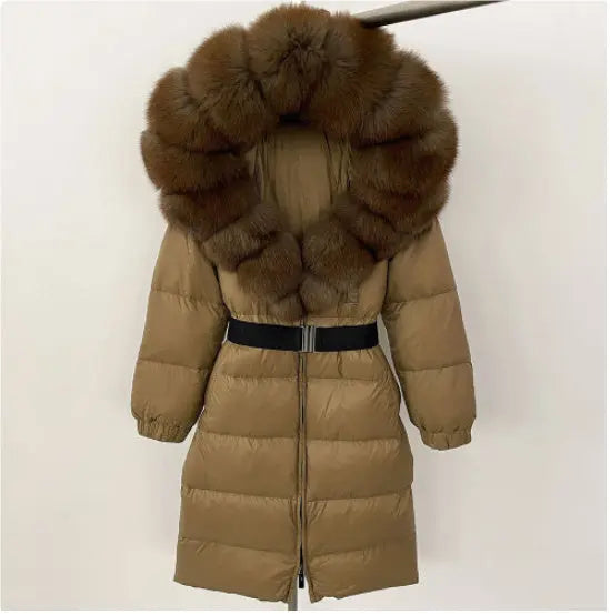 Women's Long Cinched Hoodie Real Fox Fur Collar Coat null