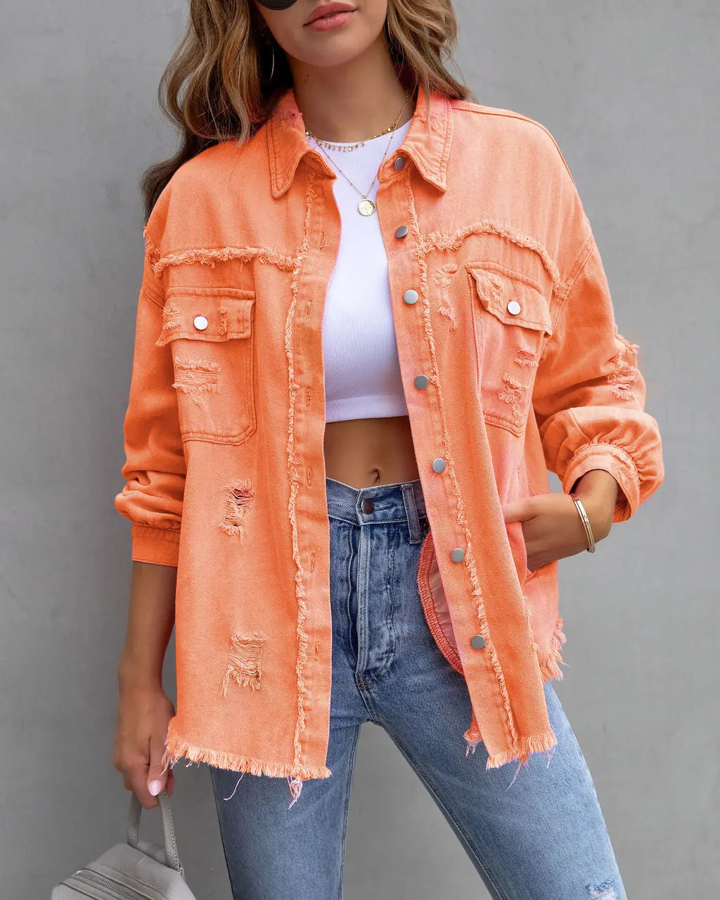 Fashion Ripped Shirt Jacket Female Autumn And Spring Casual Tops Womens Clothing null