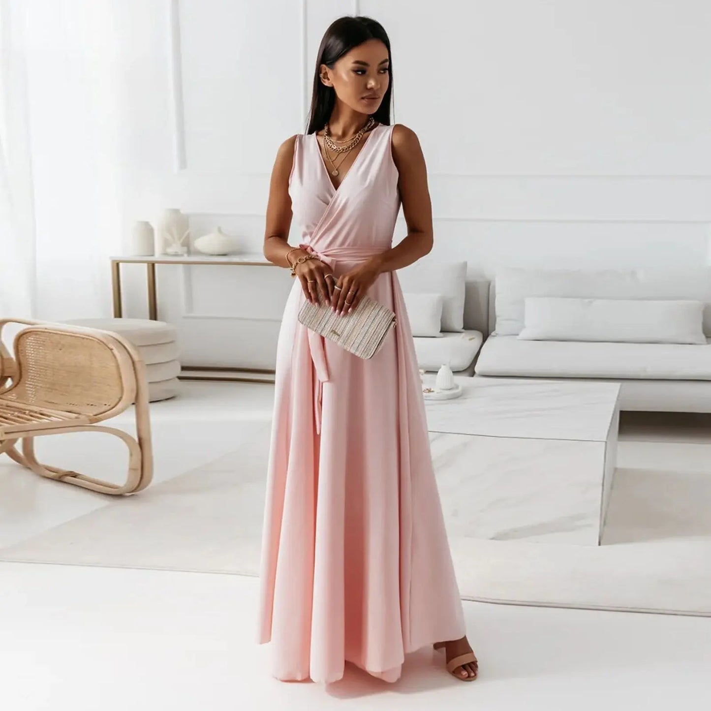 V-neck Sleeveless Dress With Belt Summer Fashion Party Club Evening Maxi Dresses For Women Clothing null