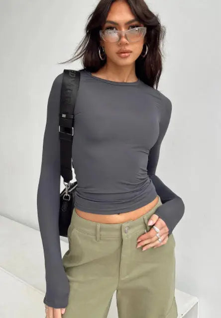 Women's Clothing Fashion Slim Long-sleeved Pullovers Tops Solid Causal Fit Shirts null