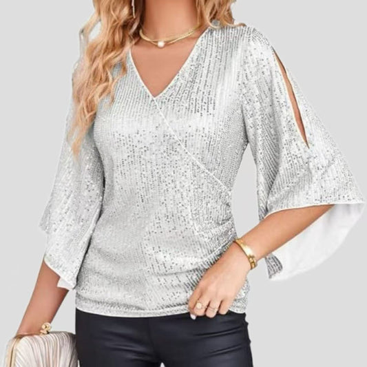 New Women's Sequined Bell Sleeve Top