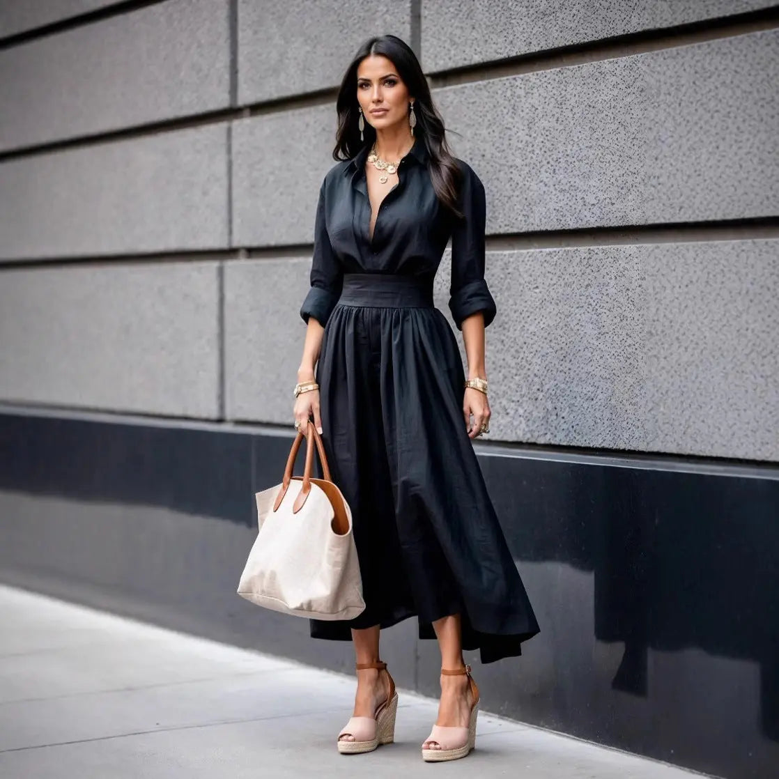 V-neck Tight Waist Long Dress Women null