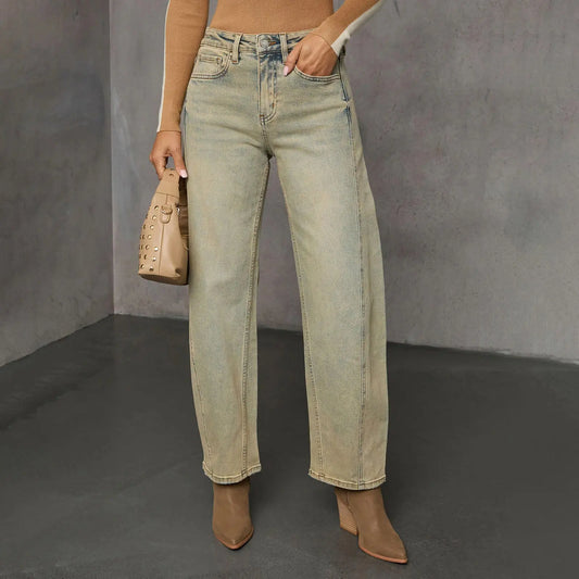 American Stretch High Street Straight Nostalgic Retro Blue Women's Denim Trousers Nipaaj