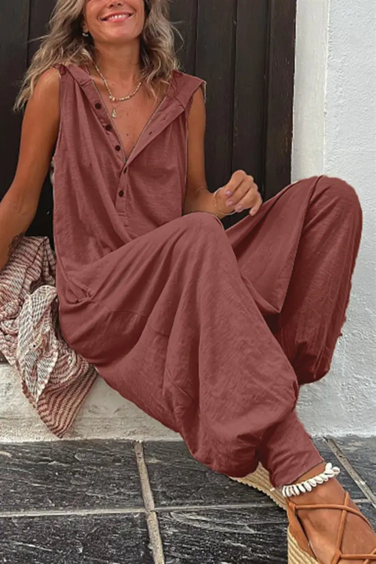 Hot Selling Button Up Hooded Sleeveless Pants In Stock, Jumpsuit With Pockets null