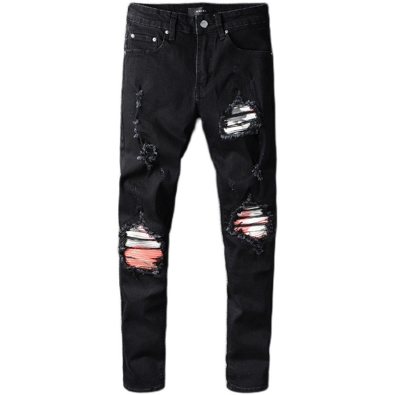 Black Knee Hole Patch Jeans Men's Stretch Slim Leggings
