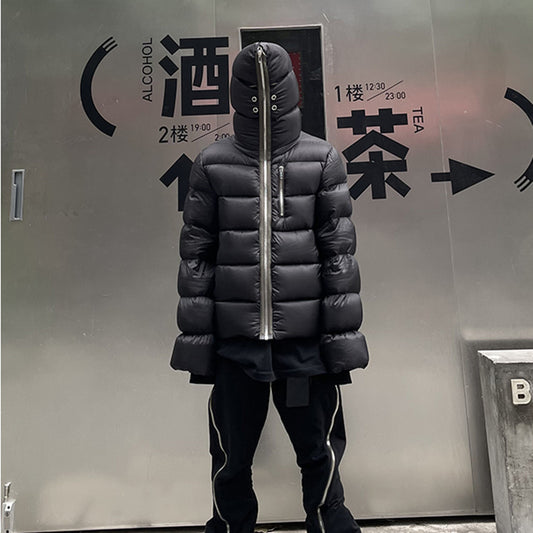 Dark Long Zipper Hooded Down Jacket Thickened