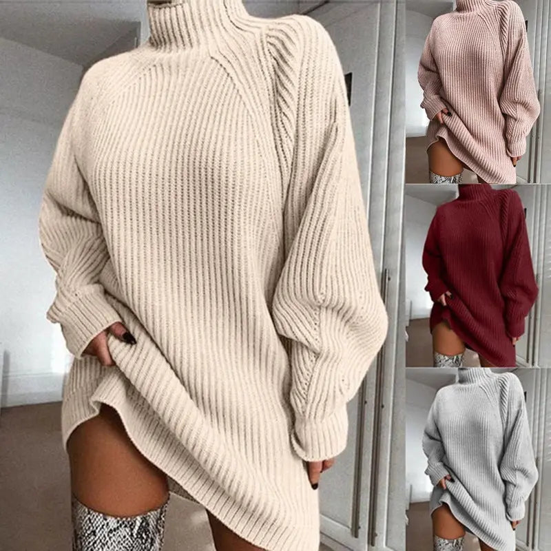 Solid Turtleneck Long Sweater Winter Warm Women Sweater Dress Nipaaj