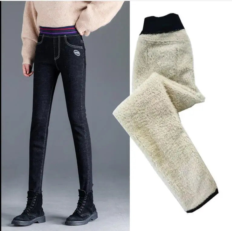 Outer wear warm stretch and fleece elastic waist jeans Nipaaj