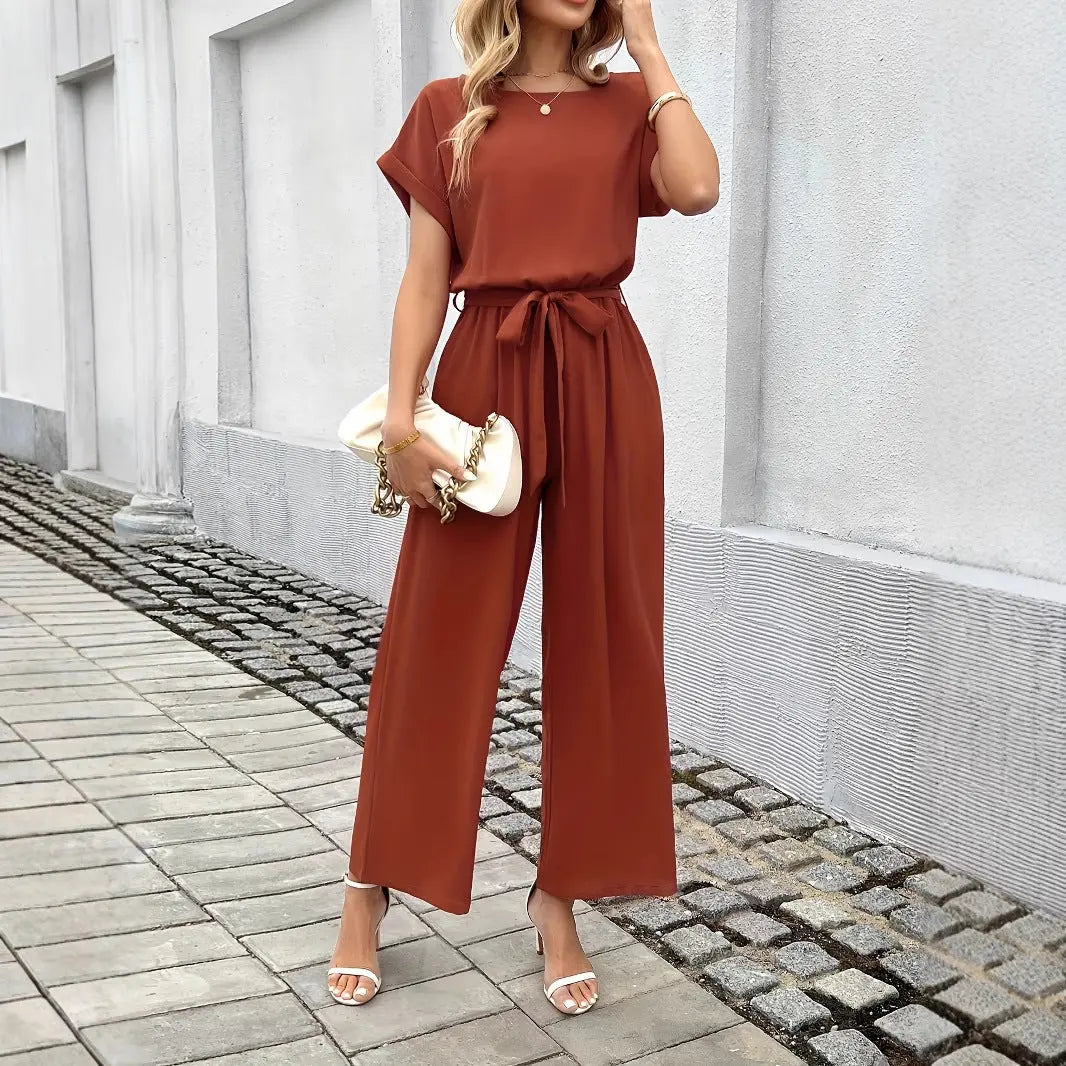 Women's Fashion Solid Color With Belt Round Neck Jumpsuit null