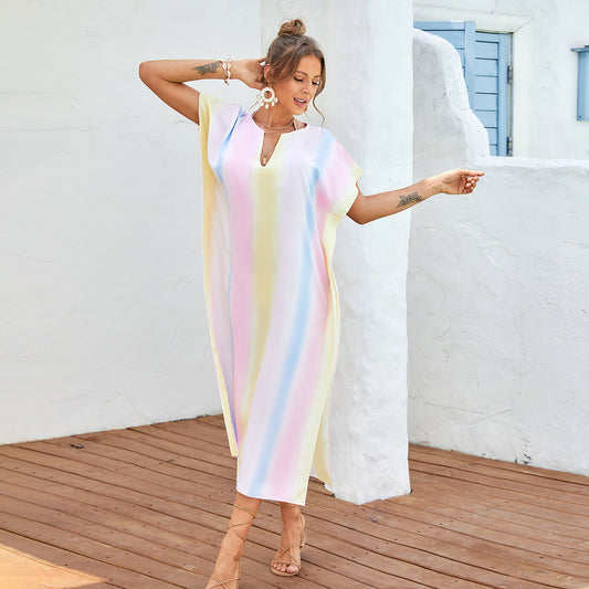 Beach Cover-up Rainbow Color Long Slit V-neck