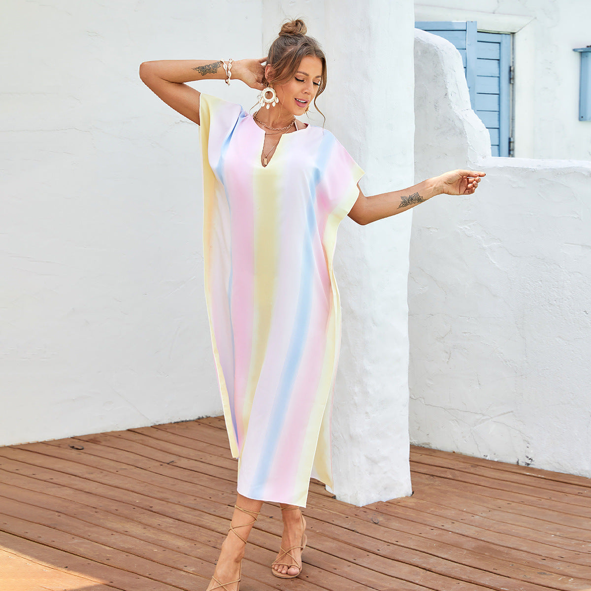 Beach Cover-up Rainbow Color Long Slit V-neck