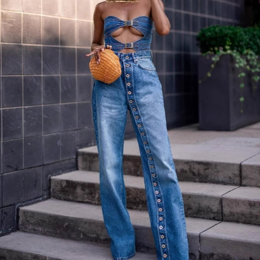 American-style Retro Washed-button Straight Jeans