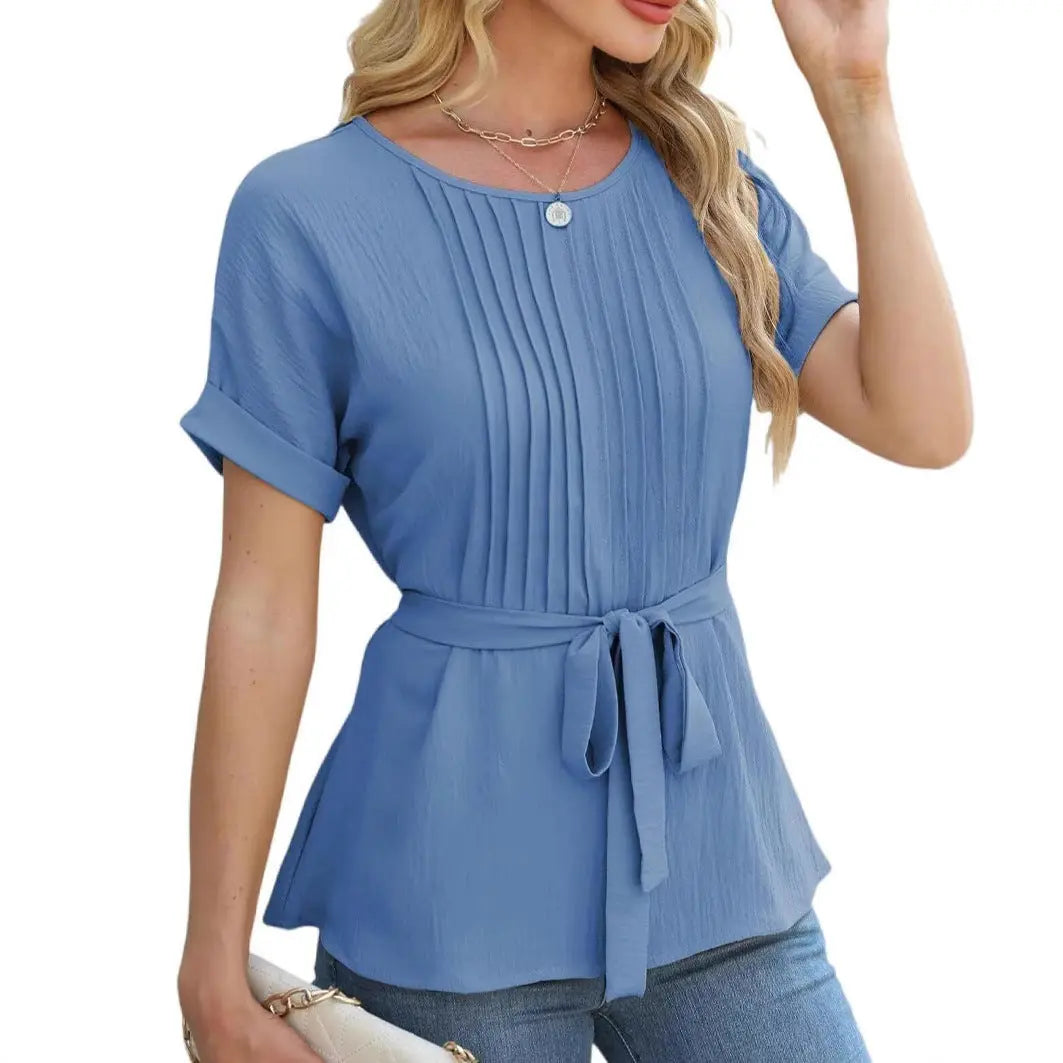 Casual Shirt Ruffled Pleated Round Neck Short Sleeve Top Nipaaj