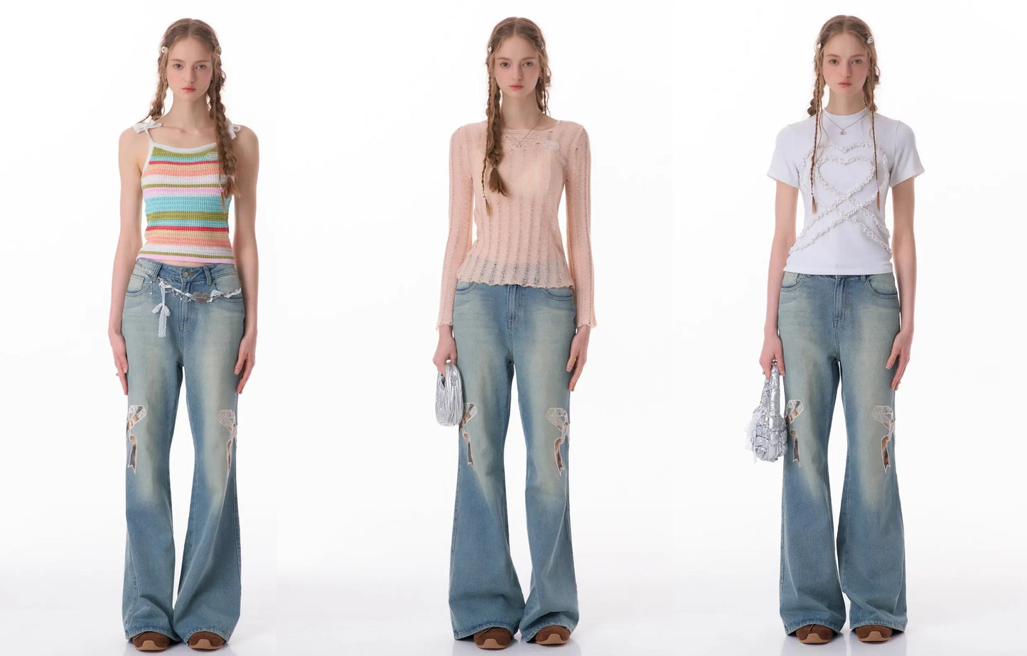High Waist Bow Patch Wide Leg Straight Jeans Nipaaj